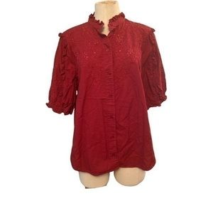 Crown & Ivy Deep Red Eyelet Button Down Blouse Sz XL